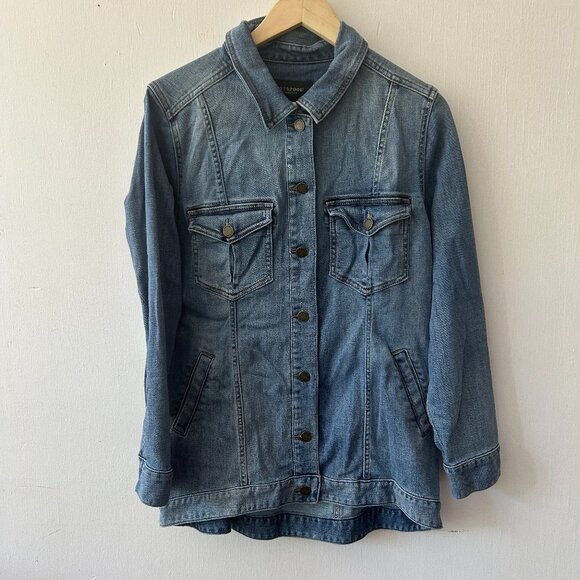 Liverpool Denim Jacket Womens Large Long Line Button Front Pockets Barn Coat - Picture 1 of 6